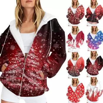 Женская мода повседневная рождественская принтовая толстовка осень-зима с длинным рукавом кардиган куртка с карманом на молнии толстовка с капюшоном куртка XXL