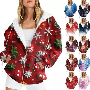 Женская мода повседневная рождественская принтовая толстовка осень-зима с длинным рукавом кардиган куртка с карманом на молнии толстовка с капюшоном куртка L синий