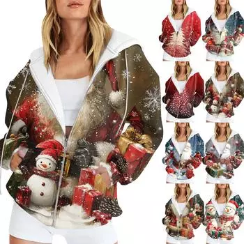 Женская мода повседневная рождественская принтовая толстовка осень-зима с длинным рукавом кардиган куртка с карманом на молнии толстовка с капюшоном куртка XXL зелёный