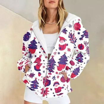 Женская мода повседневная рождественская принтовая толстовка зимняя с длинным рукавом кардиган куртка с карманом на молнии толстовка с капюшоном куртка L бежевый