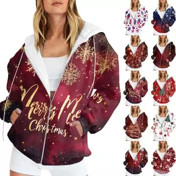 Женская мода повседневная рождественская принтовая толстовка зимняя с длинным рукавом кардиган куртка с карманом на молнии толстовка с капюшоном куртка S бежевый