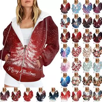 Женская мода повседневная рождественская принтовая толстовка зимняя с длинным рукавом кардиган куртка с карманом на молнии толстовка с капюшоном куртка M