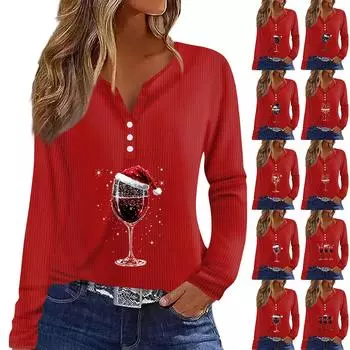 Женская мода повседневная рождественская винная бокалная печать V-образный вырез рукав 3/4 пуговиц трикотажная толстовка с капюшоном обычный топ XL