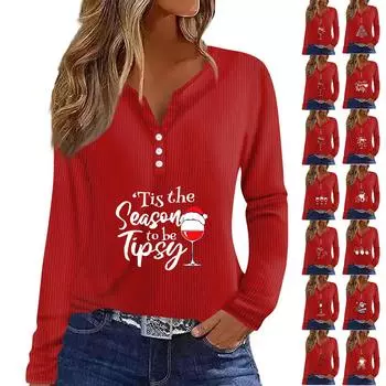 Женская мода повседневная рождественская винная бокалная печать V-образный вырез рукав 3/4 пуговиц трикотажная толстовка с капюшоном обычный топ XXXL