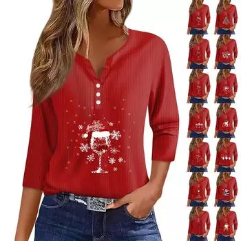 Женская мода повседневная рождественская винная бокалная печать V-образный вырез рукав 3/4 пуговиц трикотажная толстовка с капюшоном обычный топ L