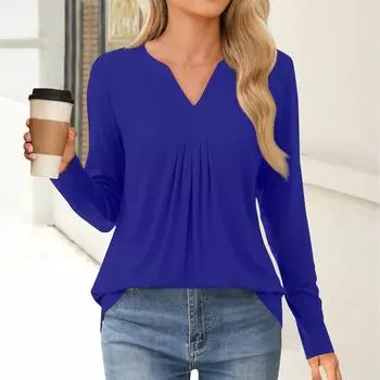 Женская мода повседневная рубашка с длинным рукавом, однотонные топы с V-образным вырезом L синий