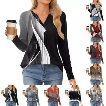 Женская мода повседневная рубашка с длинным рукавом и геометрическим принтом, топы с V-образным вырезом L