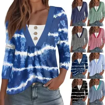 Женская мода повседневная рубашка с длинным рукавом, цветные полосы, напечатанные пуговицы, V-образный вырез, топы XXXL синий