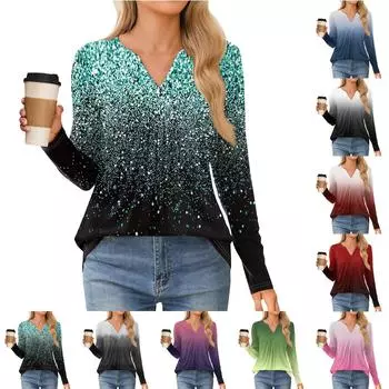 Женская мода повседневная рубашка с длинным рукавом и градиентным принтом, топы с V-образным вырезом XXL