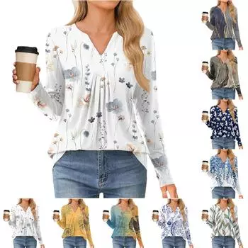 Женская мода повседневная рубашка с длинным рукавом и цветочным принтом, топы с V-образным вырезом L