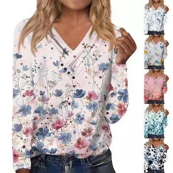 Женская мода Повседневная рубашка с длинным рукавом с V-образным вырезом Свободная повседневная футболка с принтом на пуговицах Топ XXXL