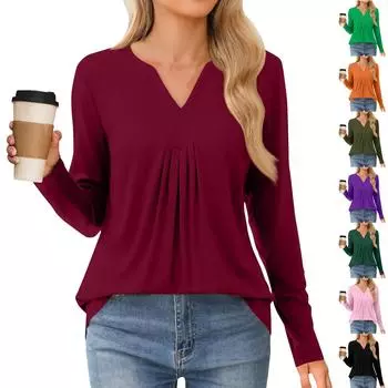 Женская мода повседневная рубашка с длинным рукавом, однотонные топы с V-образным вырезом M оранжевый