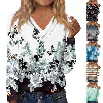 Женская мода Повседневная рубашка с длинным рукавом с V-образным вырезом Свободная повседневная футболка с принтом на пуговицах Топ XXL