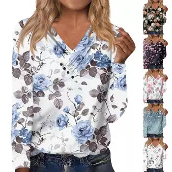 Женская мода Повседневная рубашка с длинным рукавом с V-образным вырезом Свободная повседневная футболка с принтом на пуговицах Топ L циан