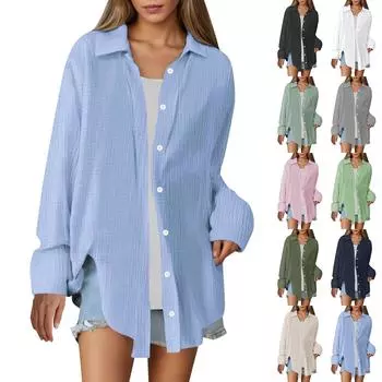 Женская мода повседневная рубашка с длинным рукавом, двухслойная, с отворотами, на пуговицах L армия зеленый