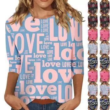 Женская мода повседневная рубашка с длинными рукавами и круглым вырезом с принтом ко Дню святого Валентина XL чёрный