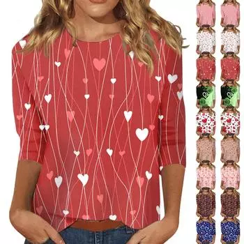 Женская мода повседневная рубашка с длинными рукавами и круглым вырезом с принтом ко Дню святого Валентина XXL кофейный