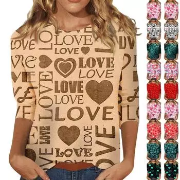 Женская мода повседневная рубашка с длинными рукавами и круглым вырезом с принтом ко Дню святого Валентина XXL