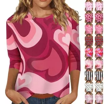 Женская мода повседневная рубашка с длинными рукавами и круглым вырезом с принтом ко Дню святого Валентина XXL бежевый