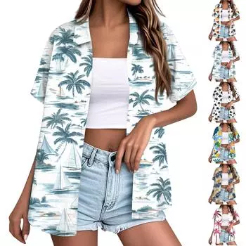 Женская мода повседневная рубашка с коротким рукавом и лацканами на пуговицах M