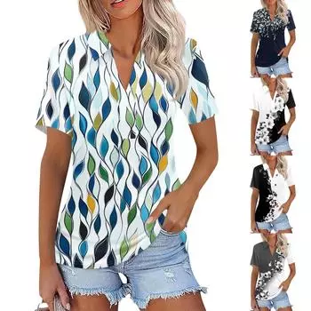 Женская мода повседневная рубашка с коротким рукавом и лацканами, женские топы с V-образным вырезом M