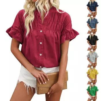 Женская мода повседневная рубашка с коротким рукавом, однотонная, с воротником-стойкой, на пуговицах M синий