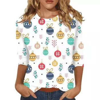 Женская мода повседневная рубашка с круглым вырезом и рождественским принтом, семь рукавов XXL