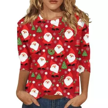 Женская мода повседневная рубашка с круглым вырезом и рождественским принтом, семь рукавов M