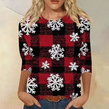 Женская мода повседневная рубашка с круглым вырезом и рождественским принтом, семь рукавов L чёрный