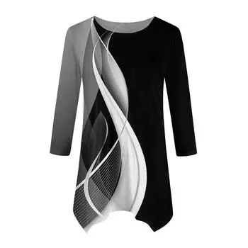 Женская мода повседневная рубашка с круглым вырезом, контрастным принтом и рукавом-семью, свободная удобная рубашка на талии L чёрный