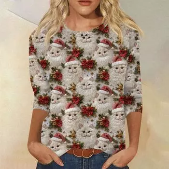 Женская мода повседневная рубашка с круглым вырезом и рождественским принтом, семь рукавов L бежевый