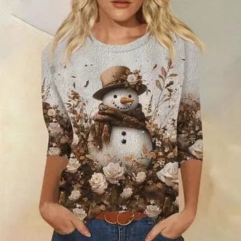 Женская мода повседневная рубашка с круглым вырезом и рождественским принтом, семь рукавов L кофейный