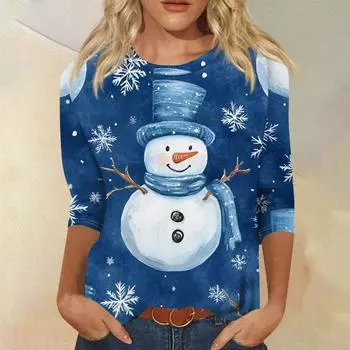 Женская мода повседневная рубашка с круглым вырезом и рождественским принтом, семь рукавов L синий