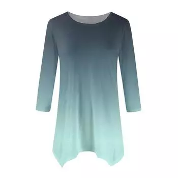 Женская мода повседневная рубашка с круглым вырезом и постепенным принтом, рукавами семь точек, свободный удобный топ с поясом L армия зеленый