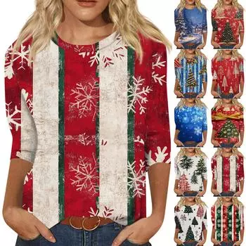Женская мода повседневная рубашка с круглым вырезом и рождественским принтом, семь рукавов XXXXL