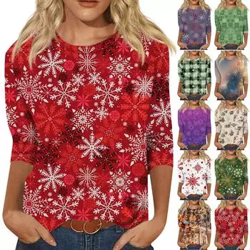 Женская мода повседневная рубашка с круглым вырезом и рождественским принтом, семь рукавов XXXXL