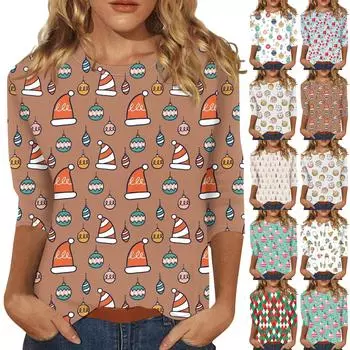 Женская мода повседневная рубашка с круглым вырезом и рождественским принтом, семь рукавов XXXXL