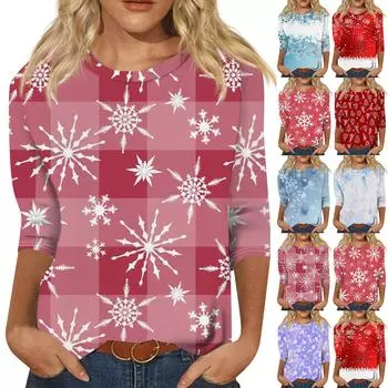 Женская мода повседневная рубашка с круглым вырезом и рождественским принтом, семь рукавов S винный