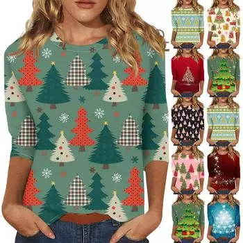 Женская мода повседневная рубашка с круглым вырезом и рождественским принтом, семь рукавов L розовый