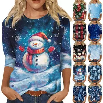 Женская мода повседневная рубашка с круглым вырезом и рождественским принтом, семь рукавов M чёрный