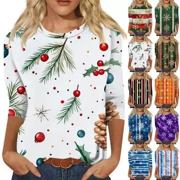 Женская мода повседневная рубашка с круглым вырезом и рождественским принтом, семь рукавов L