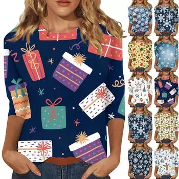 Женская мода повседневная рубашка с круглым вырезом и рождественским принтом, семь рукавов XXL синий