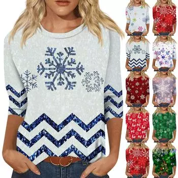 Женская мода повседневная рубашка с круглым вырезом и рождественским принтом, семь рукавов XXXXL