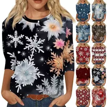 Женская мода повседневная рубашка с круглым вырезом и рождественским принтом, семь рукавов XXXXL чёрный