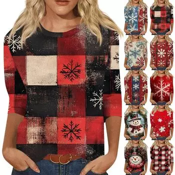 Женская мода повседневная рубашка с круглым вырезом и рождественским принтом, семь рукавов L