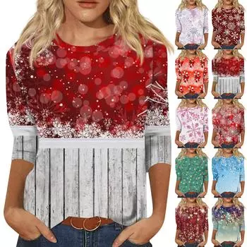 Женская мода повседневная рубашка с круглым вырезом и рождественским принтом, семь рукавов L белый