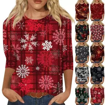 Женская мода повседневная рубашка с круглым вырезом и рождественским принтом, семь рукавов XXXXXL