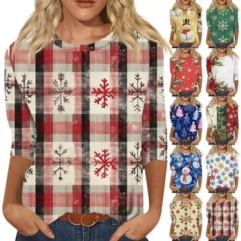 Женская мода повседневная рубашка с круглым вырезом и рождественским принтом, семь рукавов XXXXL