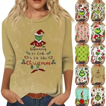 Женская мода повседневная рубашка с круглым вырезом и рождественским принтом, семь рукавов XXL бежевый