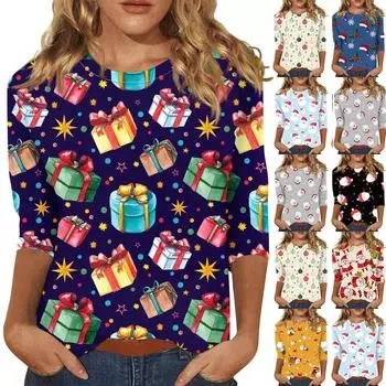 Женская мода повседневная рубашка с круглым вырезом и рождественским принтом, семь рукавов XXXXL чёрный